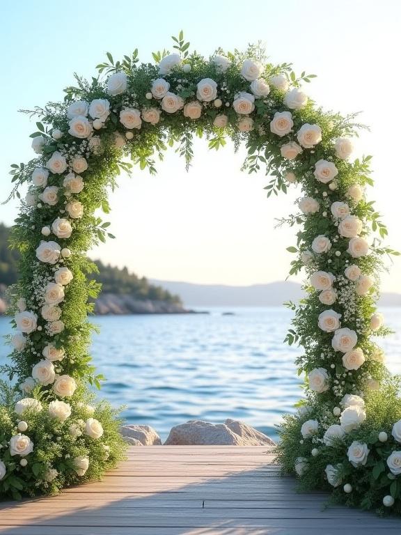 En blomsterbåge för ett utomhusbröllop vid vattnet, dekorerad med vita rosor och grönska.