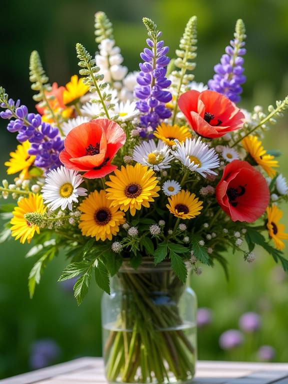 En vild och färgglad sommarbukett fylld med lupiner, prästkragar och vallmo, som skärgårdens ängar.