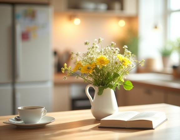 En mindre bukett med säsongens blommor som pryder ett köksbord.
