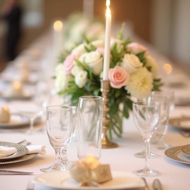 Ett vackert dekorerat bord för ett bröllopsevent.